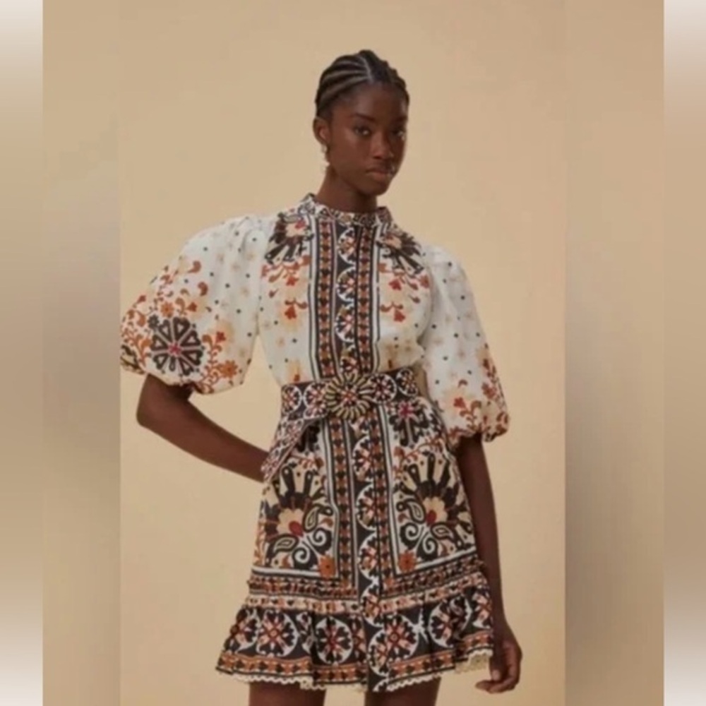 FARM RIO Flower Fan Tapestry Off-White Mini Dress Sz: Small - missing belt